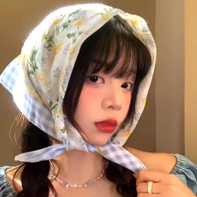 Foulard Rétro Français Pastoral Tête de Marguerite Bandana Bohème Foulard en Soie Florale Foulard Triangle Féminin Foulard de Tête Mouchoir en Coton Lin