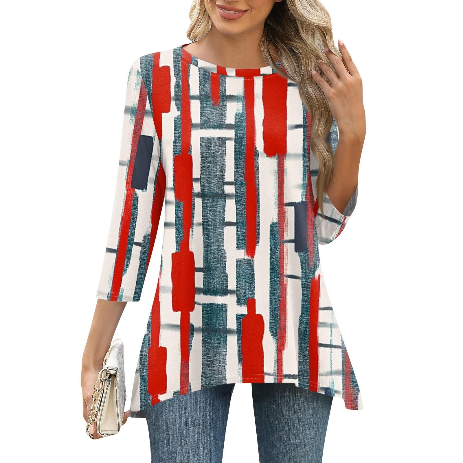 

3/4 рукав туника топы для женщин принтованный повседневный выходной свободный крой модная базовая футболка с круглым вырезом XL красный