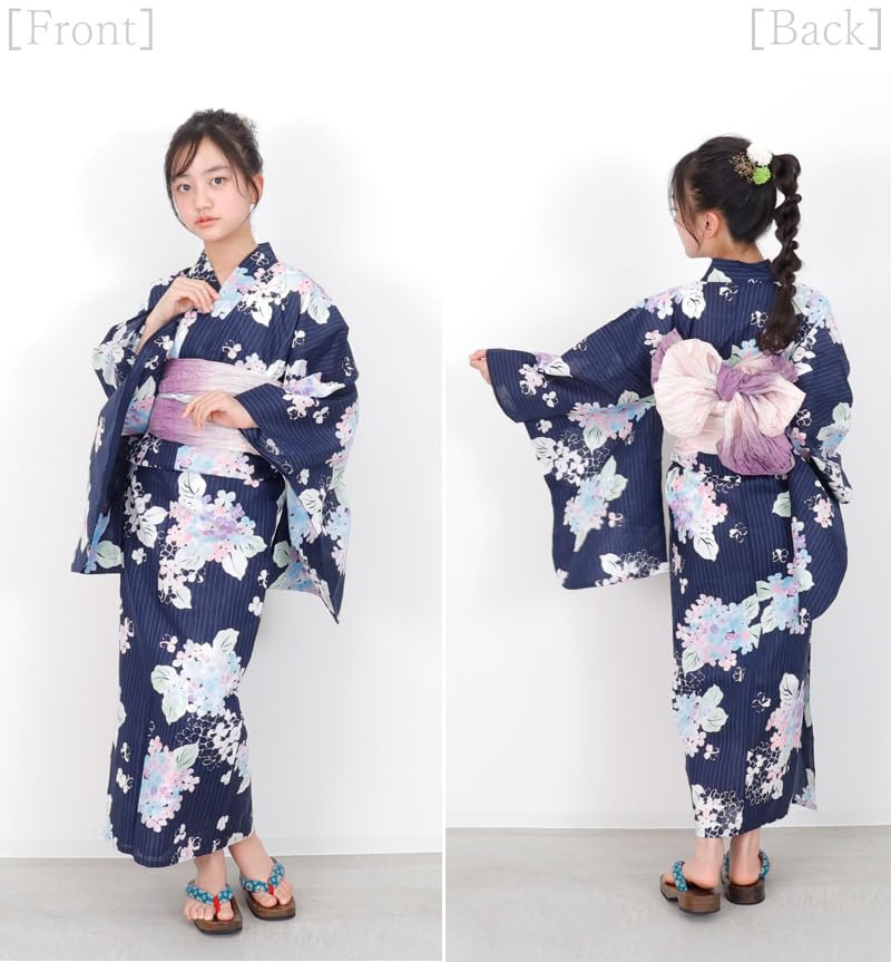 Kimono Hiroba Lovely Yukata Set with Variegated Sizes and Retro and Modern Navy Light and Yu Children's Girls' 4-Piece Weave, 130, 140, 150cm, Style,