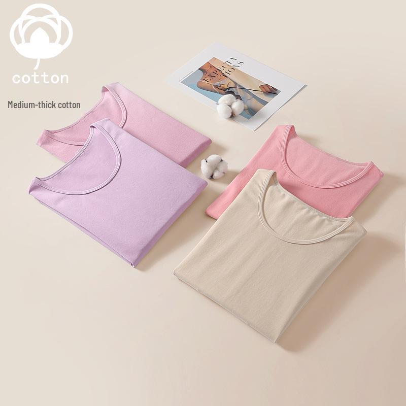 Women's Pure Cotton Long Sleeve Knit Top - Medium Thickness, Warm Autumn/Winter Base Layer, Thermal Cotton Wool Sweater