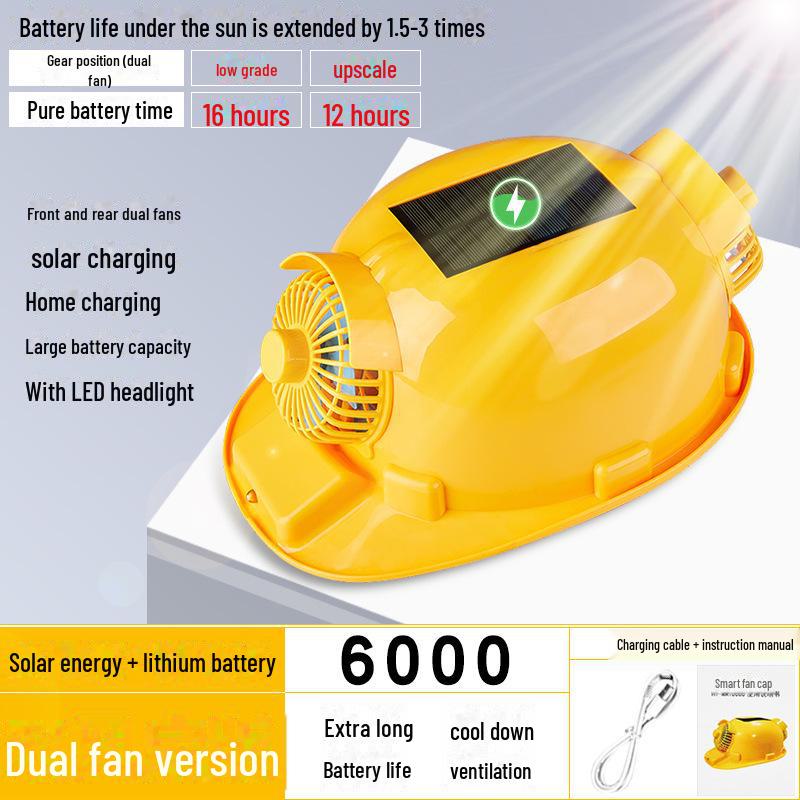 Outdoor Solar-Powered Cooling and Lighting Helmet for Summer Work Sites