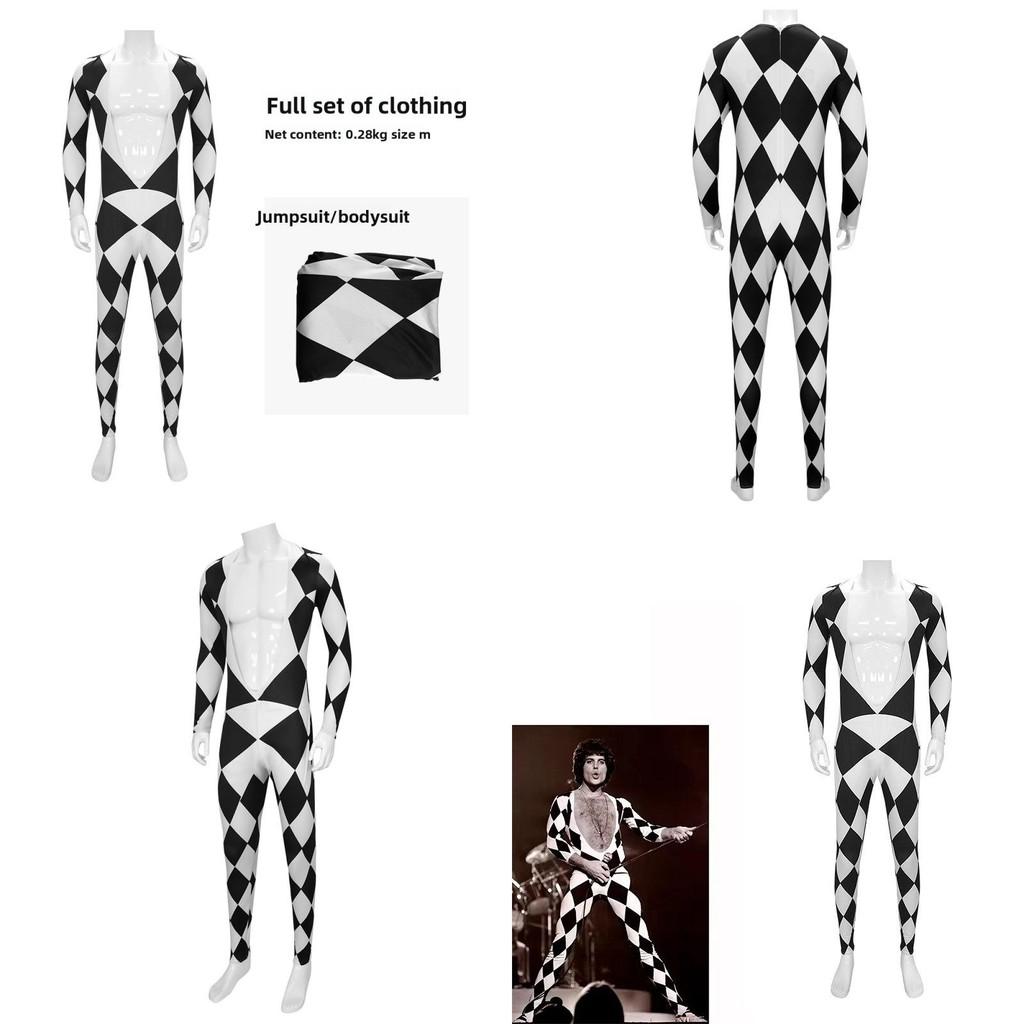 Black Freedie Mercury And White Grid Cosplay Stage Performance Costume Halloween