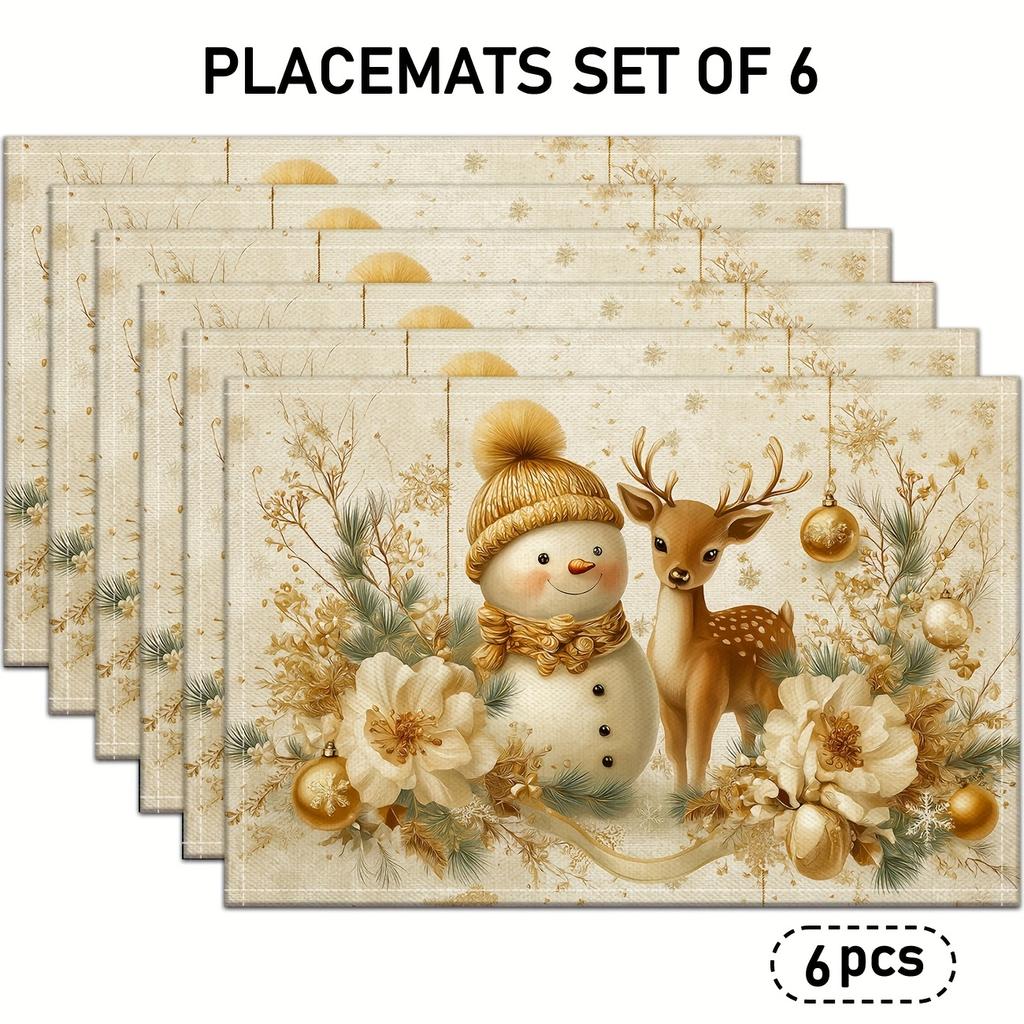 Set of 4/6 Christmas Snowman Placemats Featuring Deer, Golden Flowers, Pine Branches, Golden Snowflakes, And Small Christmas Decorations. Perfect for