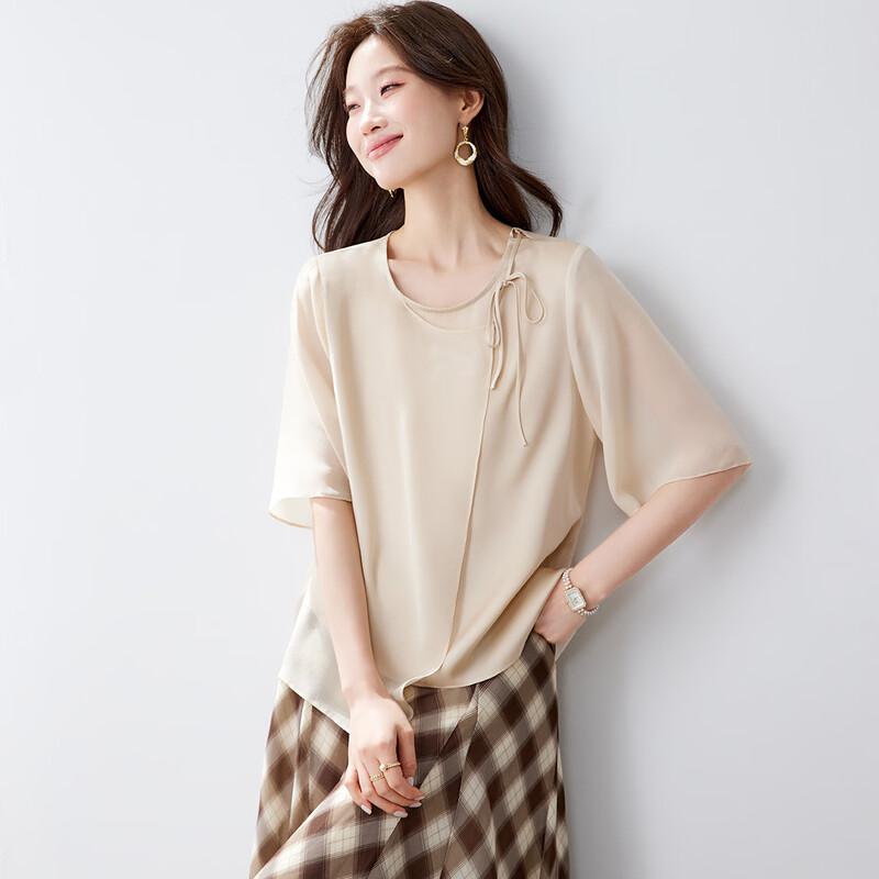Srcr Women s 19 Momme Silk New Chinese Style Mid-Sleeve T-Shirt L