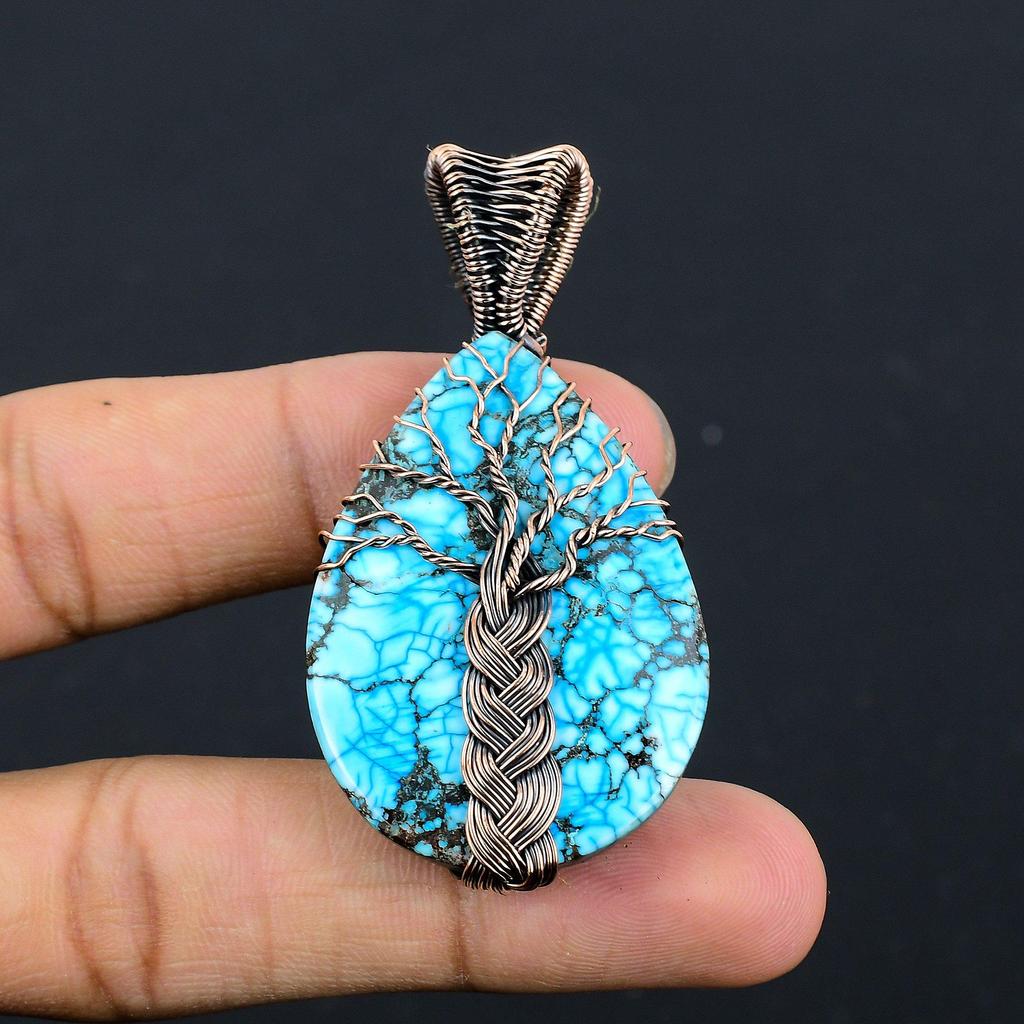 Tibetan Turquoise Pendant, 999 Copper Wire Wrapped Gemstone Jewelry, Handmade Pendant, For Thanksgiving