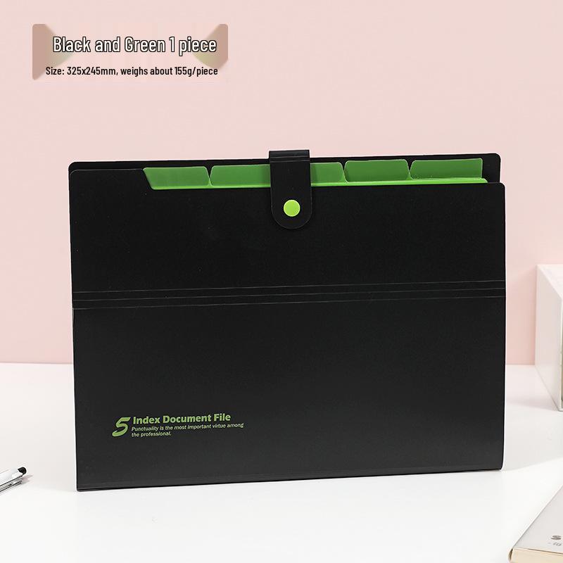 Colorful 5-Pocket A4 Accordion Folder with Single-Button Closure for Document Organization A4 зелёный/чёрный