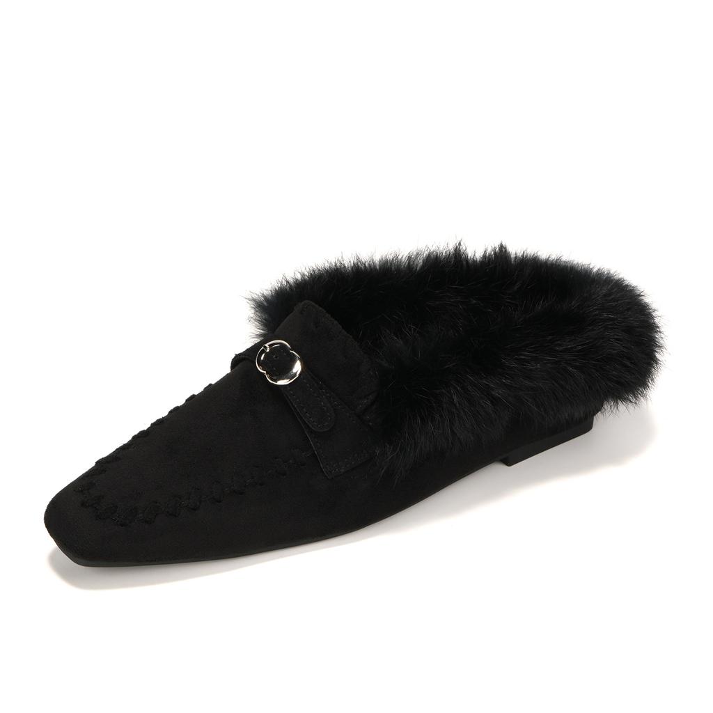 Ciabatte da donna alla moda a punta con fibbia e cinturino, mules con zeppa, calzature invernali calde e casual per donna, pantofole morbide Mujer