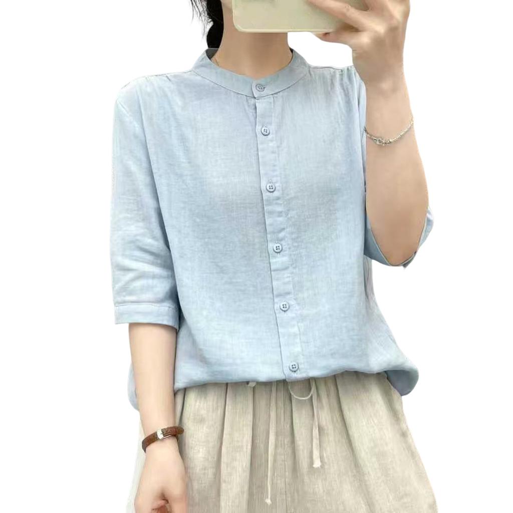 Women's Fashionable Casual Oversized Double-Layer Cotton Yarn Stand Collar Shirt With Mid-Length Sleeves In  Colour Top