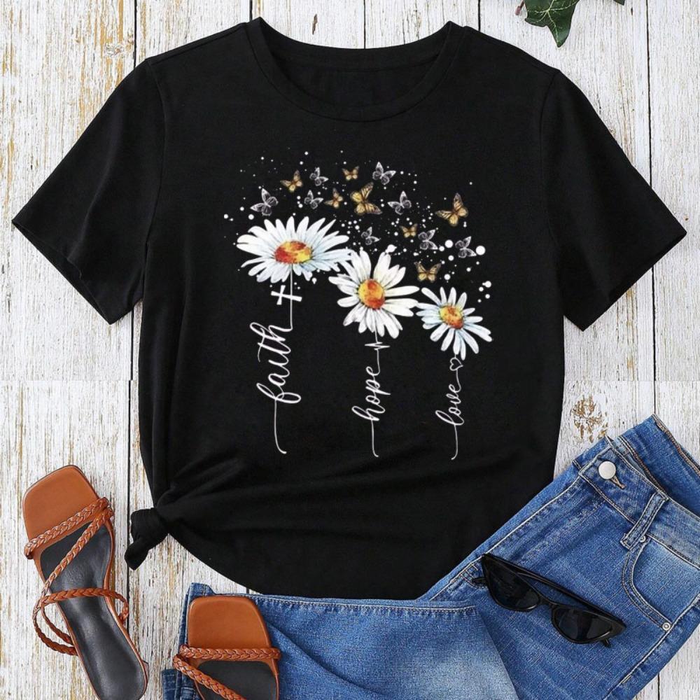 Fjäril Solros Stil Trend Damkläder Mode Grafisk T-shirt Sommar Casual Kortärmad Kvinnlig Basic T-shirts Toppar