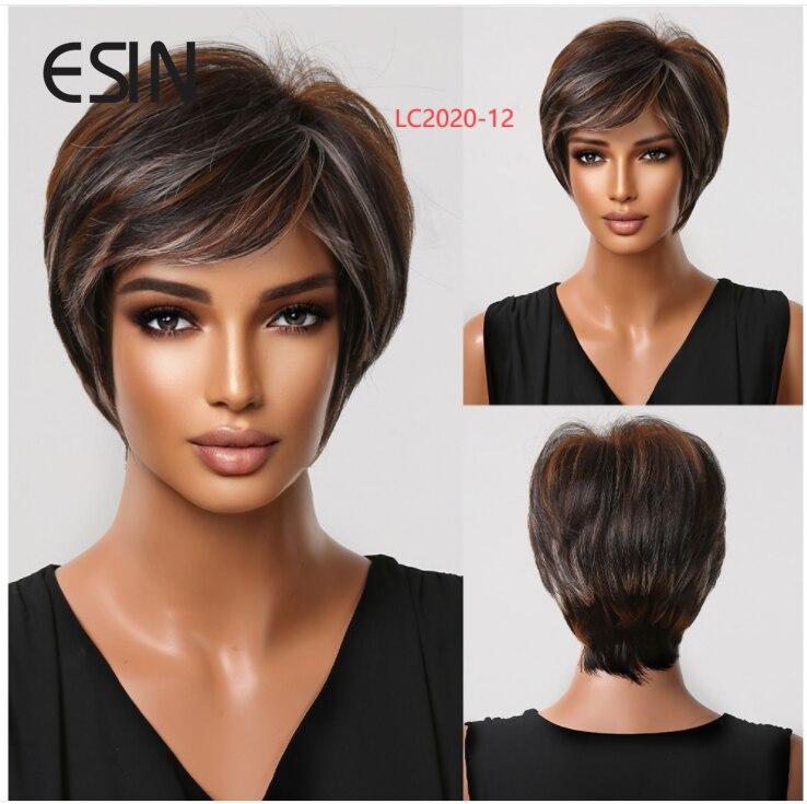ESIN synthetische Perücken, natürliches kurzes braunes Haar, natürlicher täglicher Gebrauch, Perücke mit Pony, gewellt, Damenperücken für weiße und schwarze Frauen