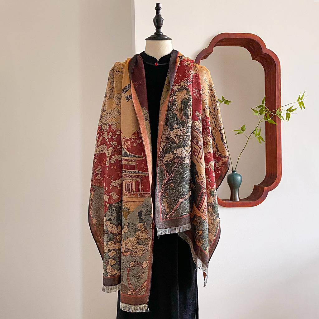 Chinese Style Landscape Painting Women Scarf Soft Warm Pashmina Shawl Winter Outdoor Coldproof Windproof Blanket Scarf
