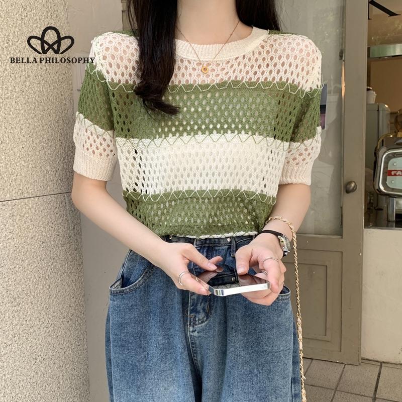 Retro Striped Knitted Short-sleeved Blouse Cap Sleeves Round Neck Ladies Sweater Woman Fashion Clothing