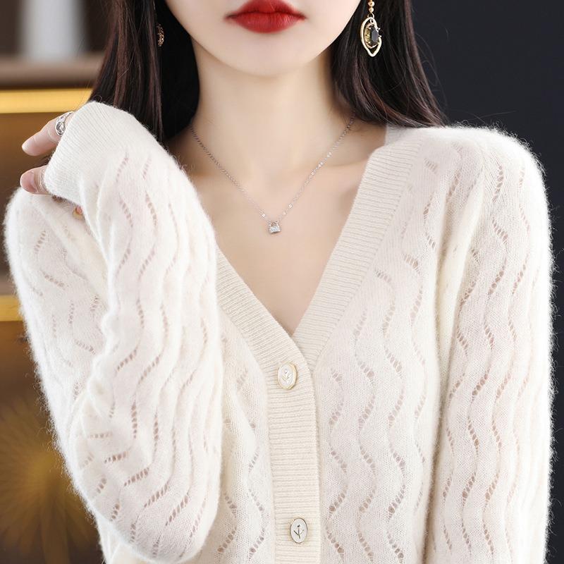 Early spring new cardigan women's thin outer V-neck solid color jacquard hollow coat sweater knitted top women