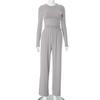 Y24ST593 Women's Casual Solid Color Round Neck Long Sleeve Top and Wide Leg Pants Set for Spring and Autumn