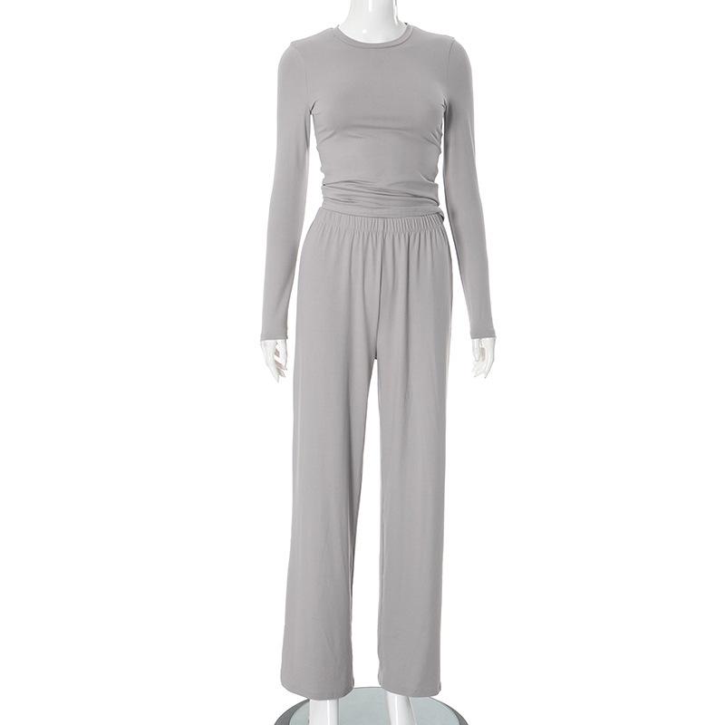 Y24ST593 Women's Casual Solid Color Round Neck Long Sleeve Top and Wide Leg Pants Set for Spring and Autumn