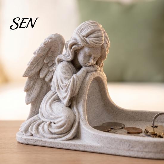Detailed Carving Tray Ornament Angel Figurine Key Tray, Faux Stone Catchall Decorative Shape for Keys Desktop Storage Dish Entryway Table Home