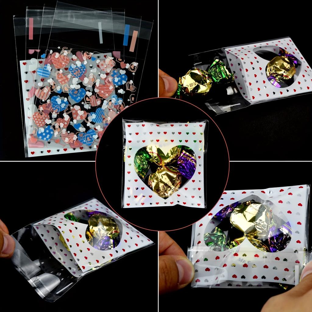 400PCS Valentine Cellophane Bags Love Heart Printed Self Adhesive Cookie Treat Bags 4 Styles Valentine's Day Mother's Day
