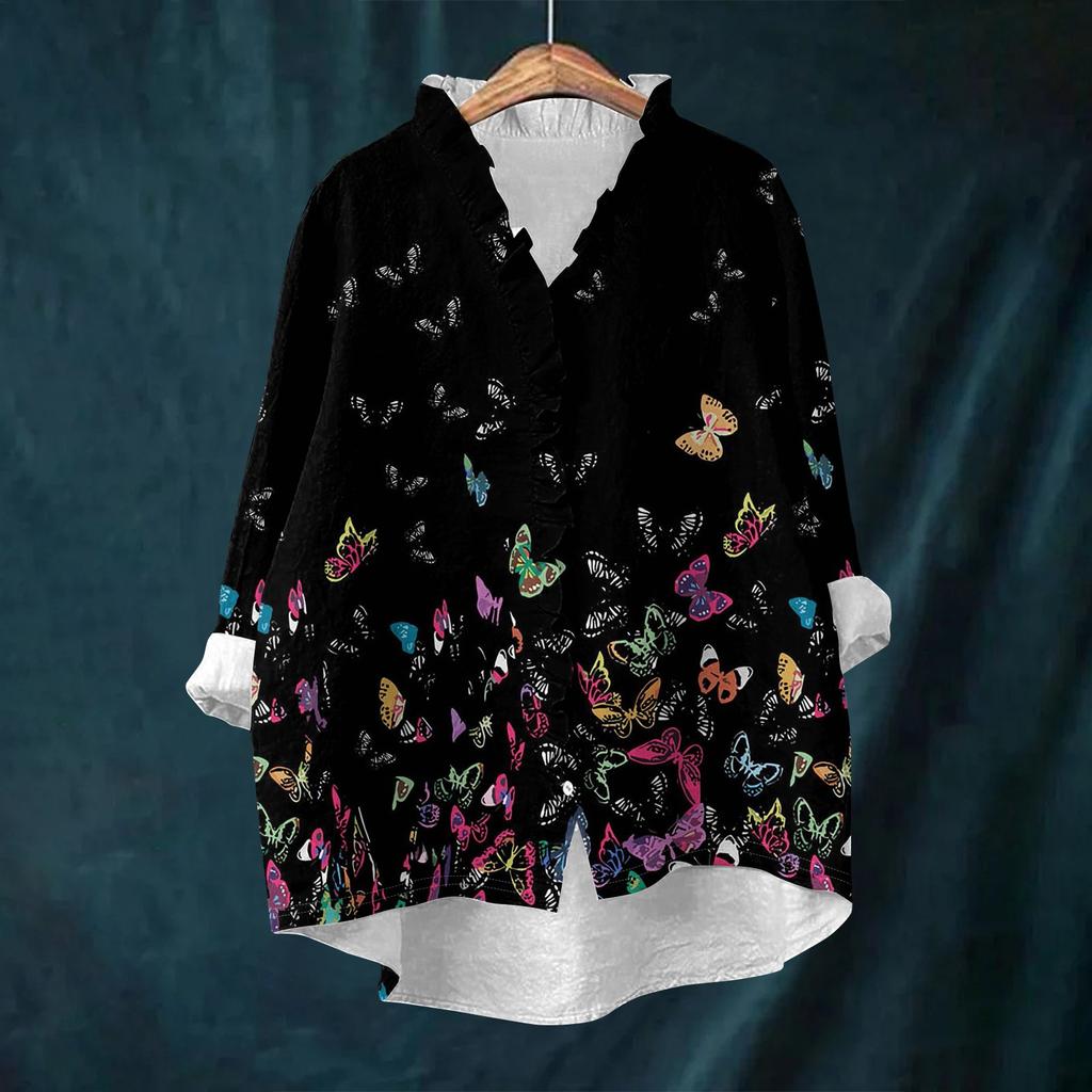 Women's Loose Ruffled Retro Floral Print Stand Collar Long Sleeve Cotton And Linen Top