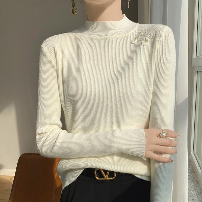 GMXIA Retro Disc Buckle Knitted Bottoming Shirt Women's Half-high Neck Pullover Jumper Temperament Fashionable Inner Warm Jumper