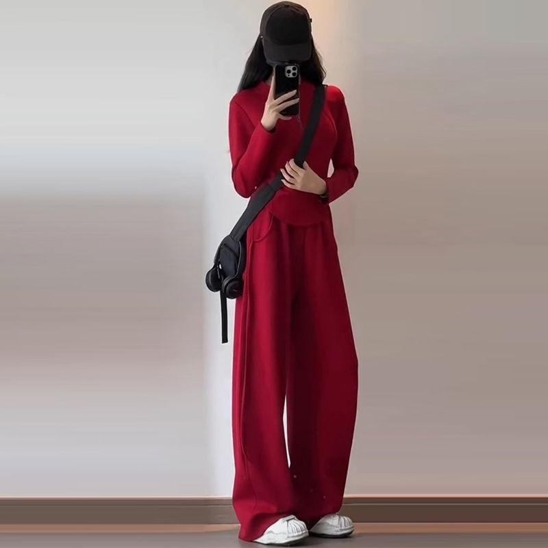 Red Casual Sportswear Set Women Spring Autumn Fashion Slimming Youthful Half Zip Top Two Piece Outfit