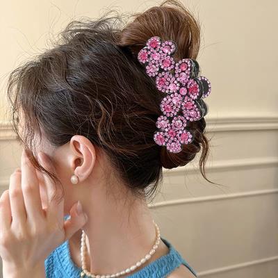 AWAYTR Sparkling Rhinestone Flower Hair Claw Hair Clip Girls Korean Ponytail Hairpin Women Shark Clip Temperament Hair Claw