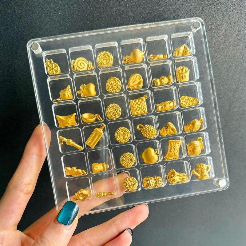 NEUE 36/64/100 Fächer Kleine Goldbohnen-Aufbewahrungsbox Acryl Gold-Transfer-Anhänger Fach Sammlung Box Antioxidative Vitrine