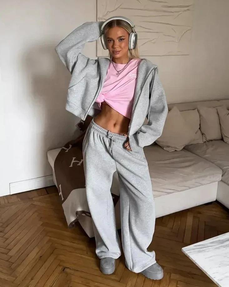

Light Grey Hooded Zipper Front Jacket and Loose Pants Lounge Wear Set S серый