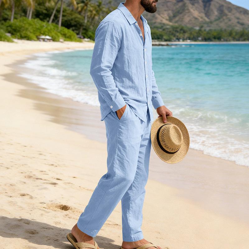 Men Loose Casual Holiday Long Sleeve Linen Shirt Straight Pants Suit