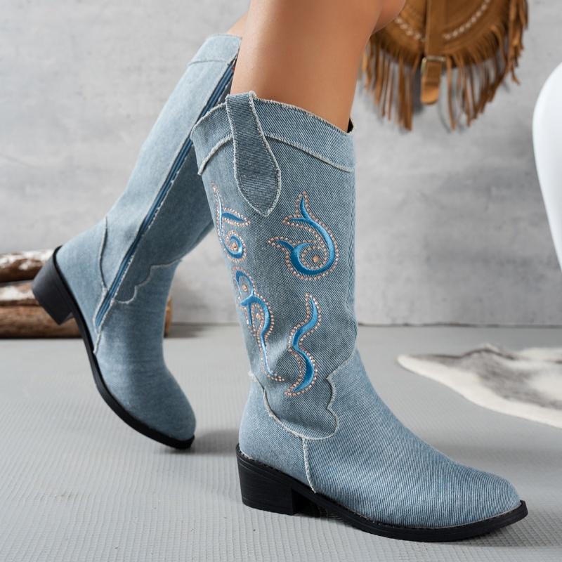 Cowboy Print Knee High Boots Women High Heels Shoes 2025 Trend Designer Chunky Zipper Chelsea Boots Casual Pumps Mujer Botas