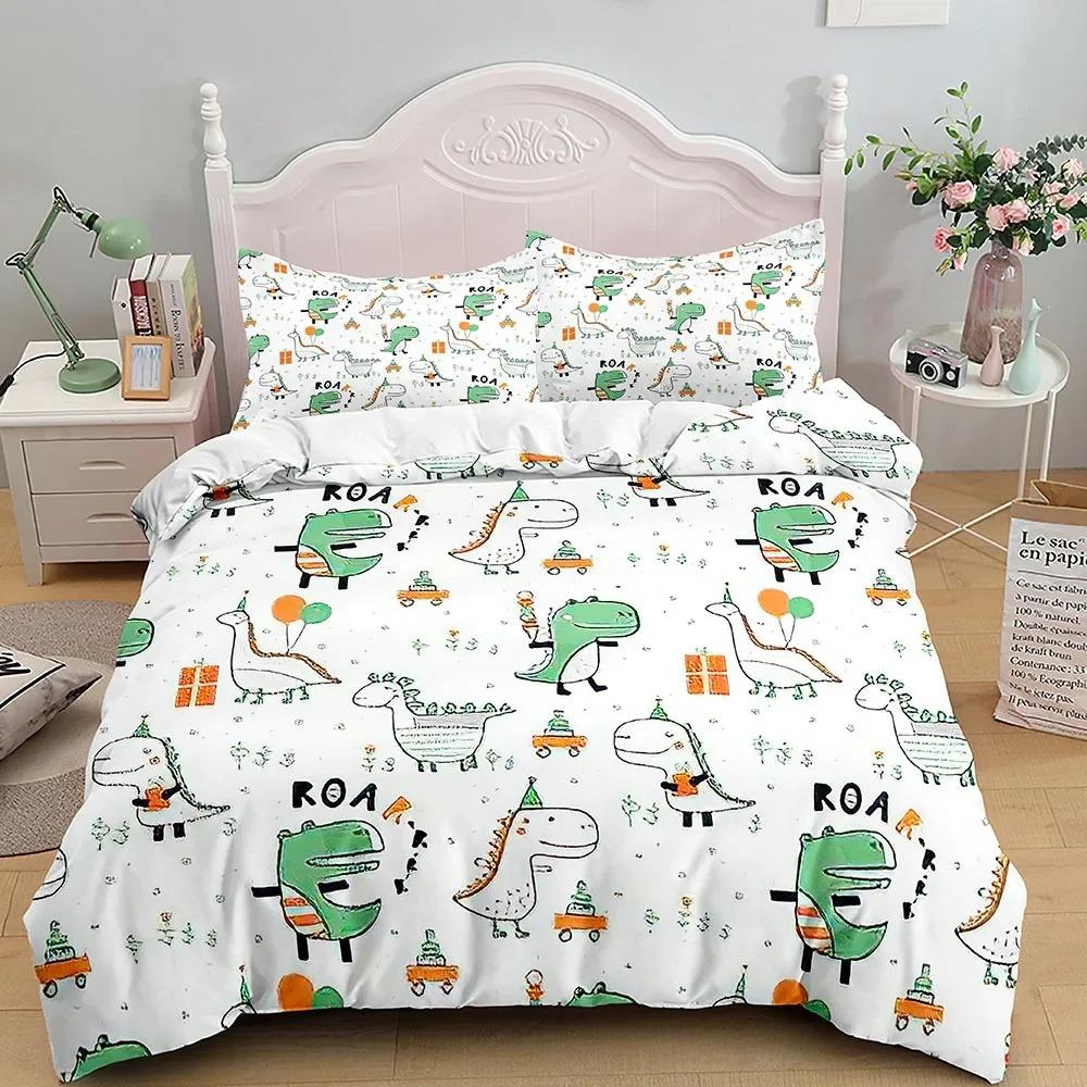 Kids Cartoon Dinosaur Bedding Set KingQueenFull Size Cute Animal World Duvet Cover Orange Yellow Polyester