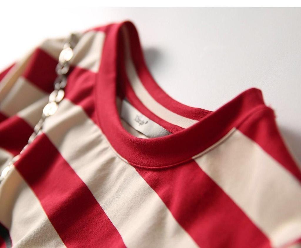 2025 Summer Korean Style Mid-Length Striped T-Shirt Dress for Women - Loose, Slimming, Short Sleeve, Versatile Fashion