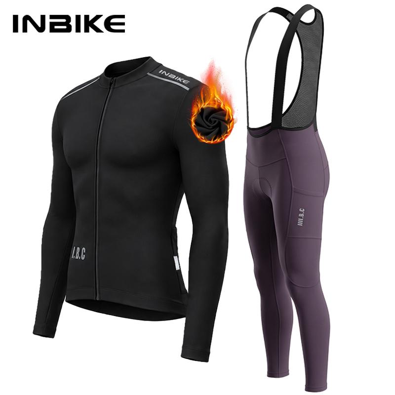 Winter Fleece Cycling Suit Men Long Sleeve Jersey Bib Pants Set Road Bike Outdoor Sports Shockproof Padding with Pockets