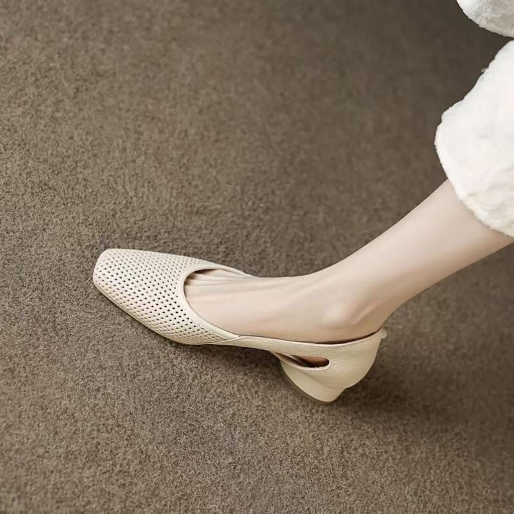 Summer Thick Heel Hollow Sandals for Women French Style Single Leather Shoes