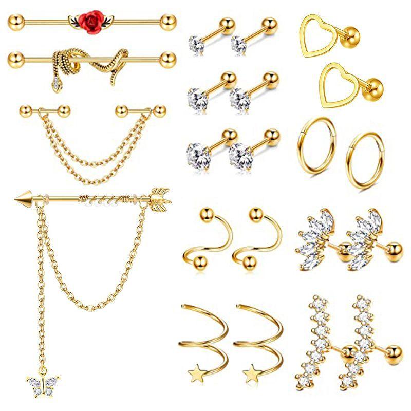 Zirconia stud earrings, stainless steel pierced ear bone pins set, body piercing accessories