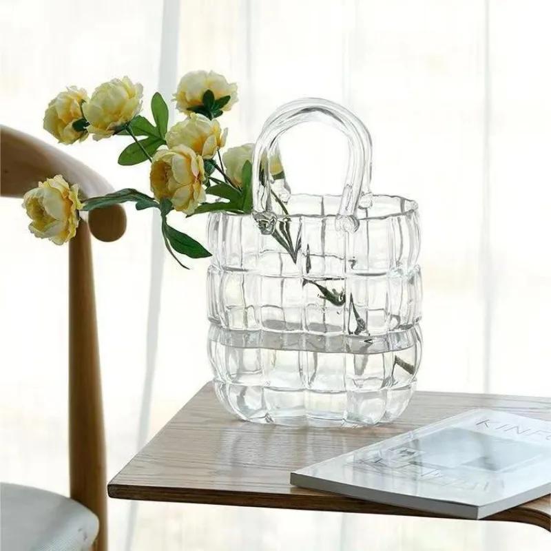 Clear Glass Vase Bag Handbag Basket Transparent Terrarium Flower Vase Floral Arrangement Accessories Living Room Decoration