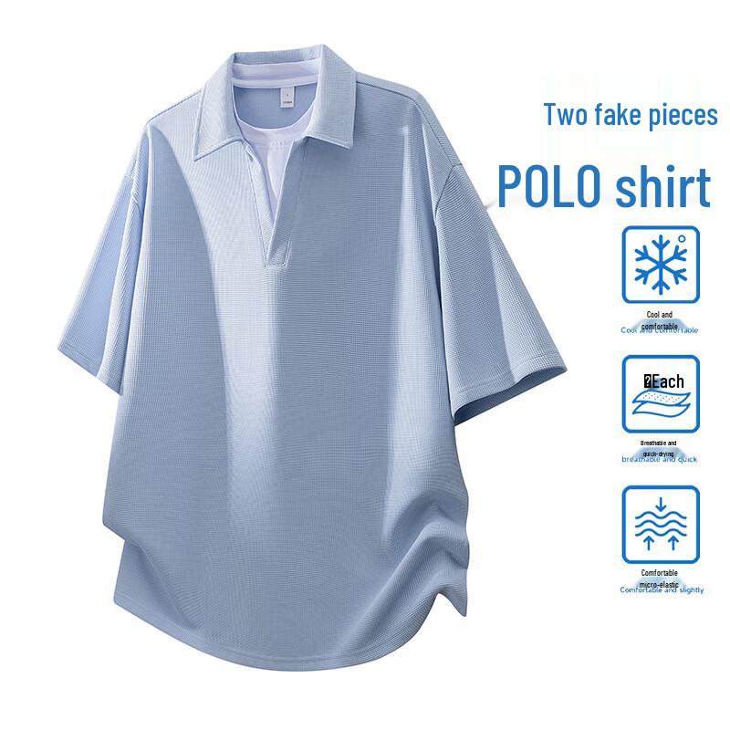 MEDE Men s Waffle Knit Faux Two-Piece Polo T-Shirt L