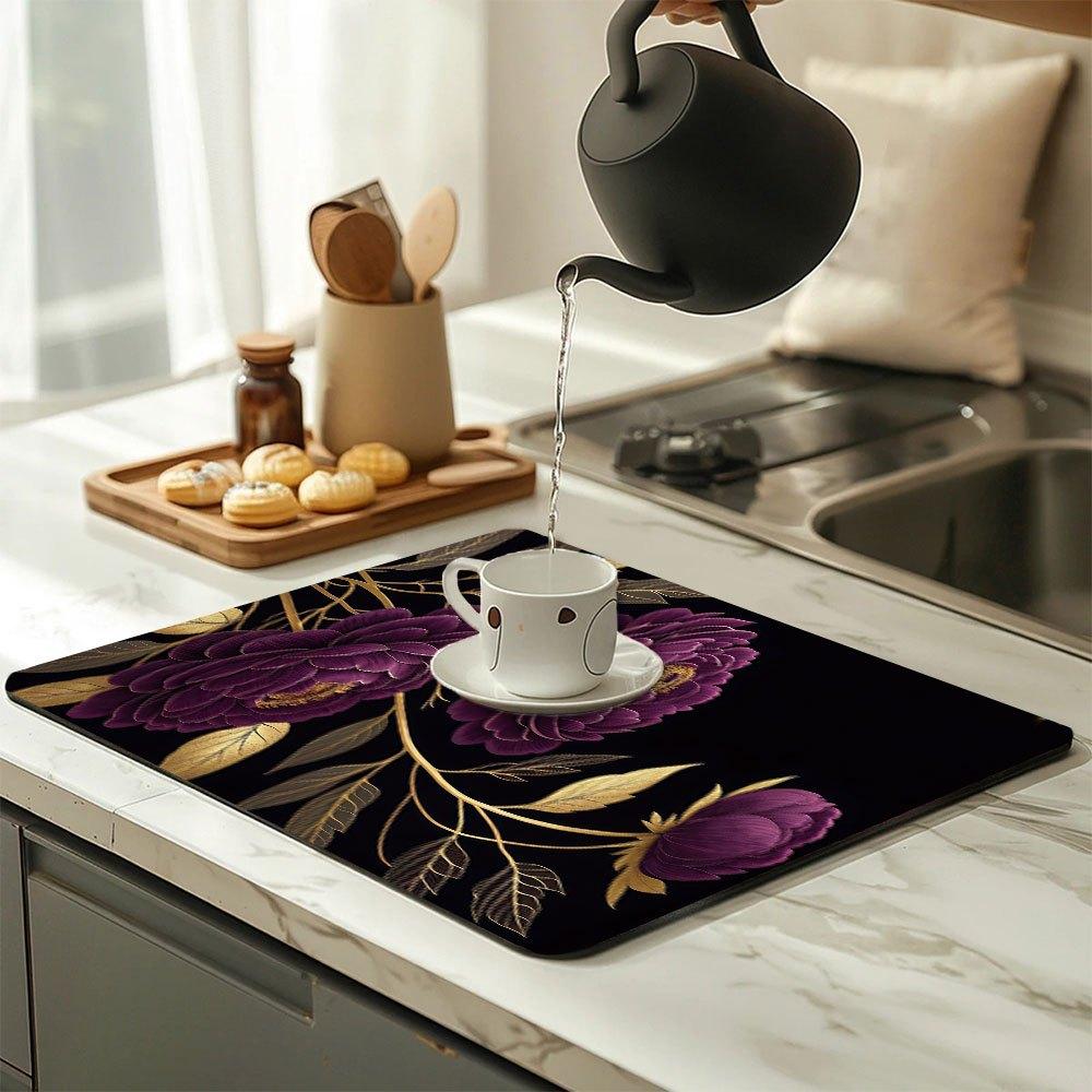 1Pcs Rubber Drying Mat With Peony For Coffee Shop Restaurant Kitchen Carpet Tableware Durable Diatom Mud Table Mat Pet Mat