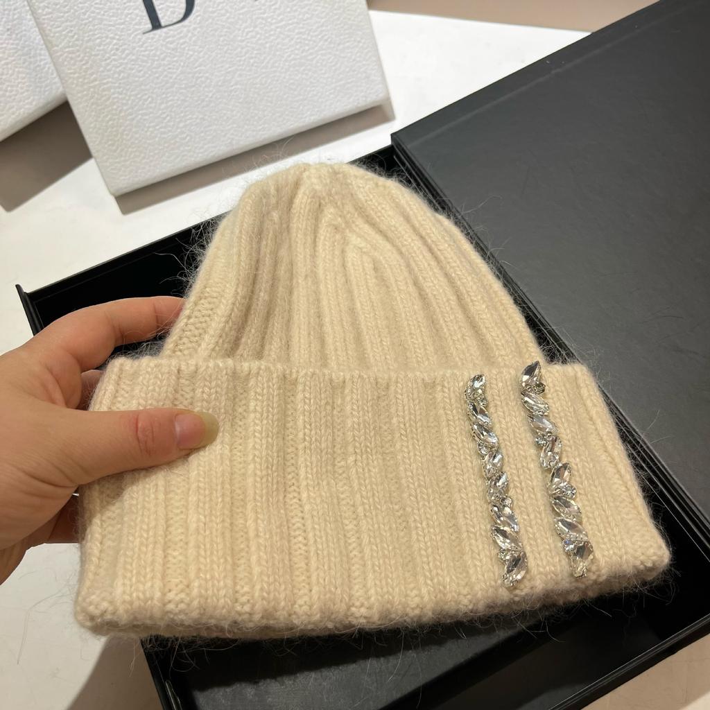 Paris Heavy Industry Light Luxury Rhinestone Knitted Hat Women'S Winter Outdoor Warm Rabbit Hair Wool Hat Wide Stripe Shows Small Face
