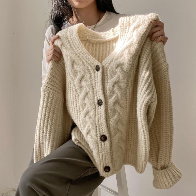 Herbst Casual V-Ausschnitt Puffärmel Locker Gestrickte Strickjacken Damenmode Winterpullover Jacke für Damen Elegant Einfarbig Slim Fit Damenstrickjacke 25729
