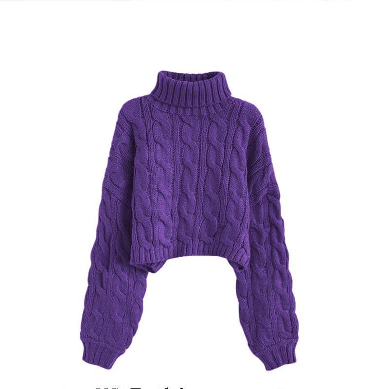 

Пуловер с высоким воротом, короткий свитер с косами для женщин, осень-зима, новый ленивый стиль, свободный, утолщенный, вязаный, для ношения на улице 2XL фиолетовый