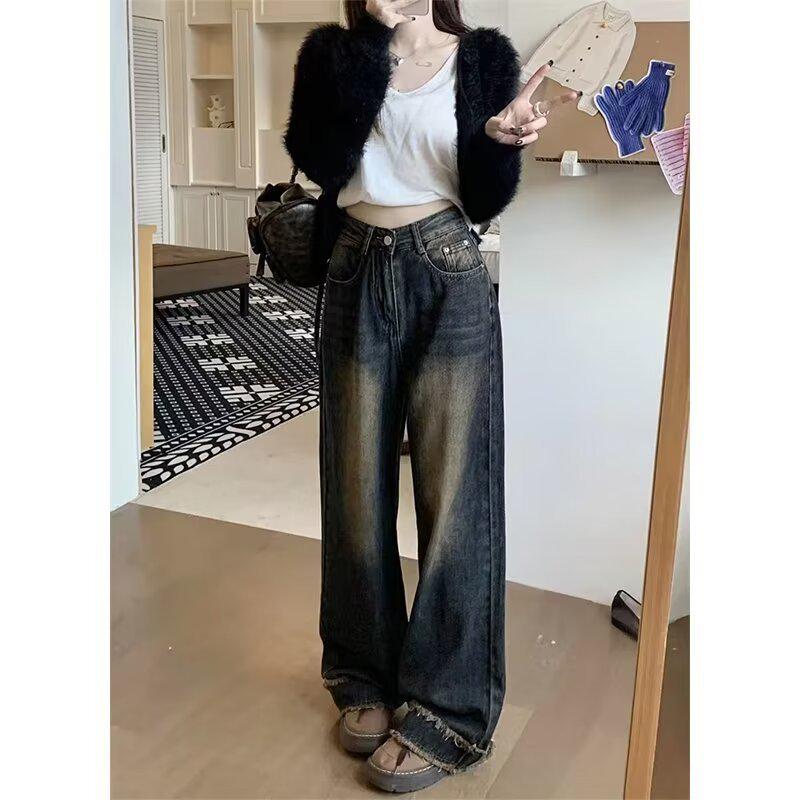 Women's High-Waist American Retro Distressed Wide-Leg Jeans for Spring