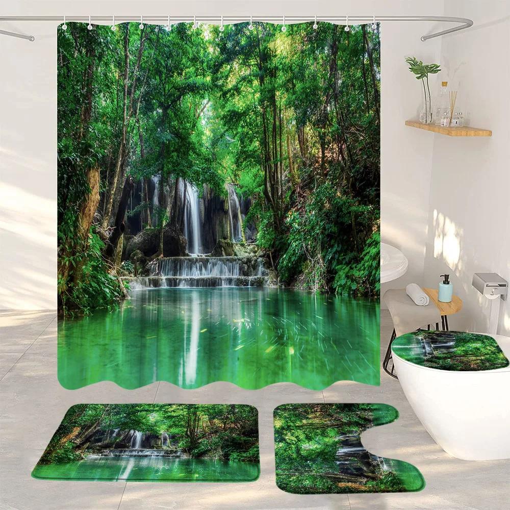 Ocean Beach Shower Curtains And Rugs For Seaside Tropical Landscapes Coconut Trees Cars Hanging Curtains Bath Pad Bathroom Decor