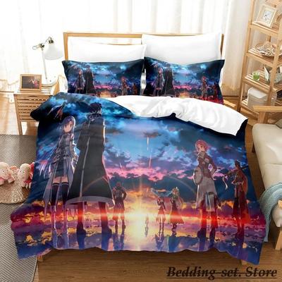 Sword Art Online II Bettwäsche-Set, Cartoon-Anime, dreiteiliges Set, für Erwachsene und Kinder, Schlafzimmer, Bettbezug-Sets, 3D Kawaii, Roupas de Cama