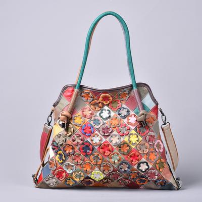 Women's Tote Bag Made of Top-grain Cowhide with Large Capacity and Flowers Single-shoulder Crossbody Bag
