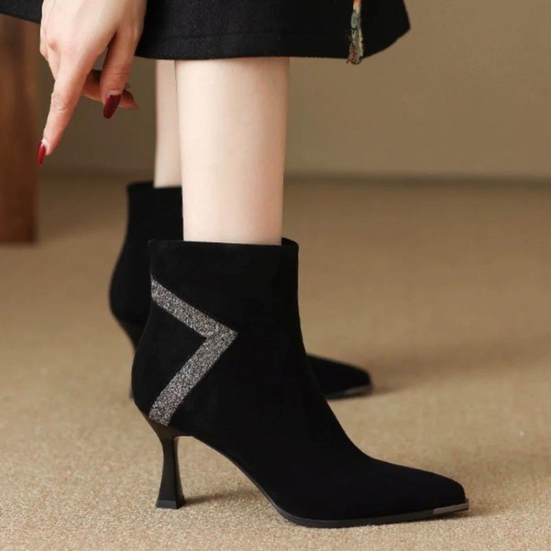 Stiletto Pointed Toe Scrub Sheepskin Fall/Winter 2026 Rhinestone High Heel Women's Cotton Temperament Booties