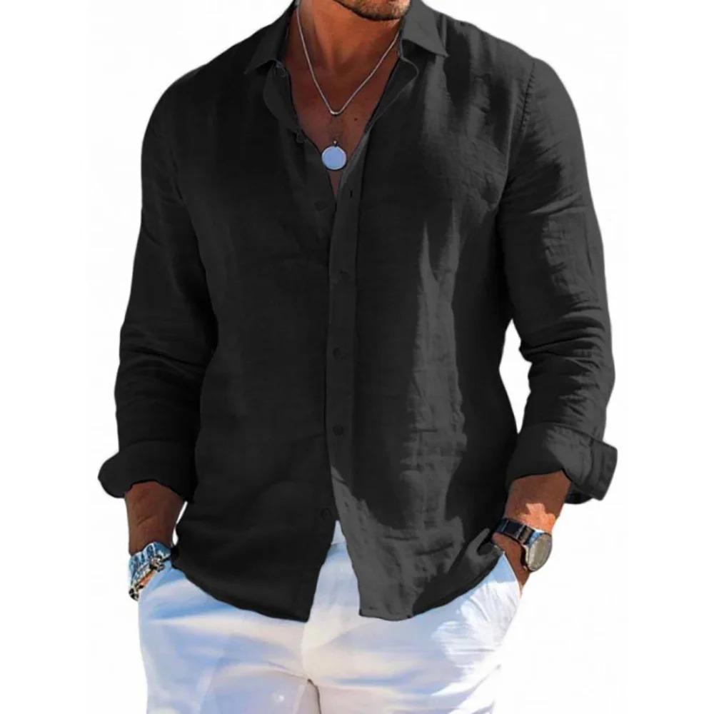 

Чоловіча весняно-літня сорочка з довгим рукавом, суміш бавовни та льону, повсякденний вільний крій, однотонна, комір лацкан, однобортна застібка XXL