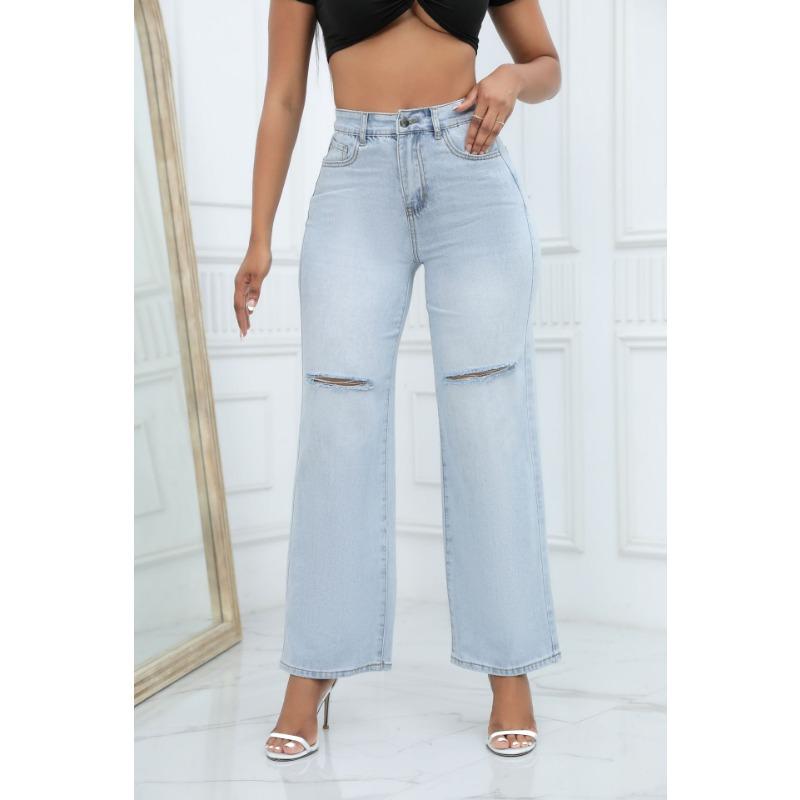 

Женские брюки большого размера Temperament Hole Breaking Cowboy Wide Leg Jeans 2XL светло-синий