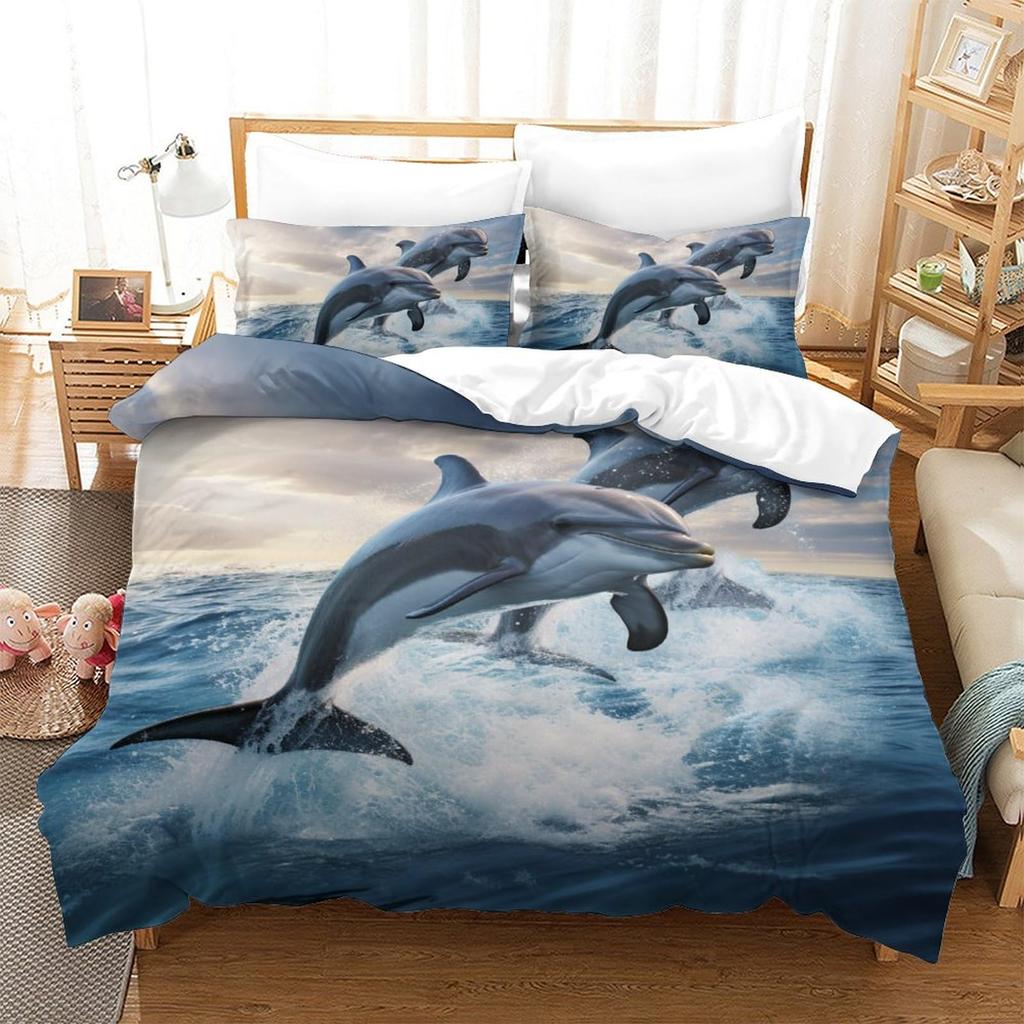 Comforter Dolphin Cute Jumping Dolphins Bedding Set Microfiber Marine Animals Comforter With 2 Pillow Sham Twin King