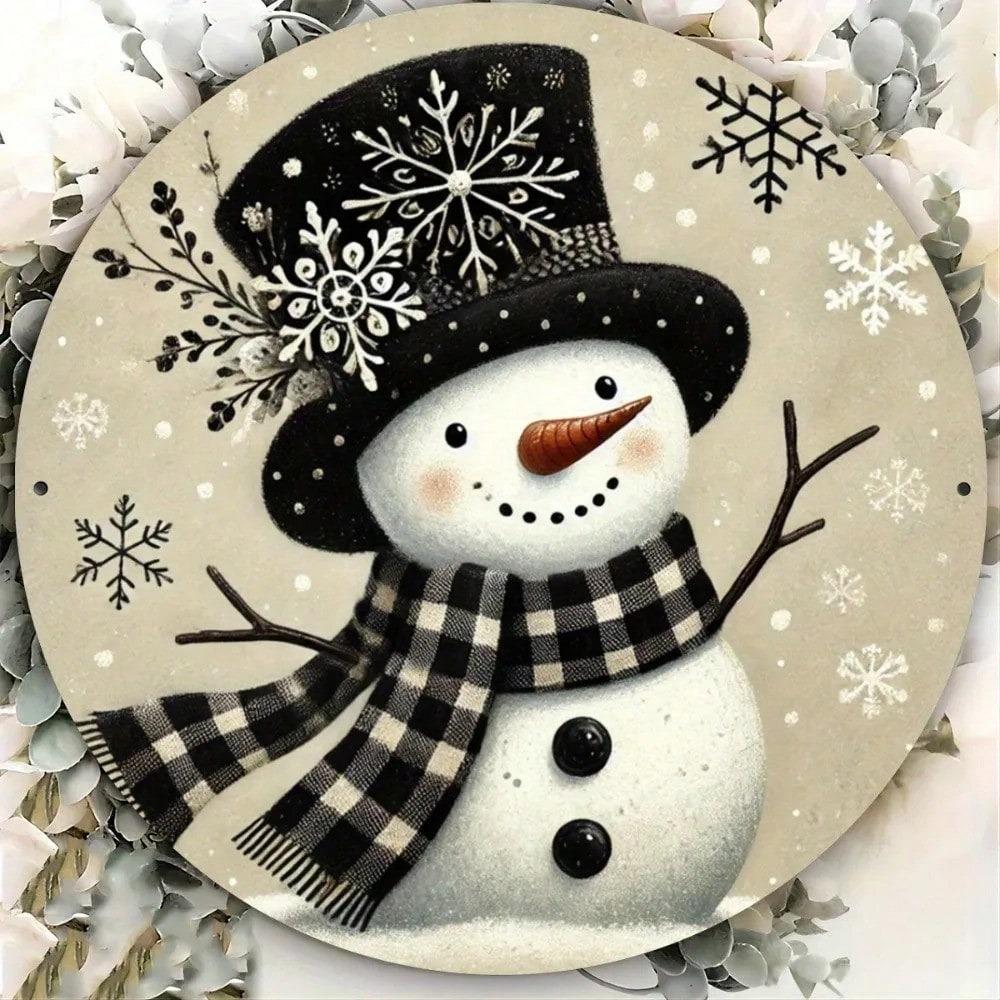 Christmas Snowman Metal Wall Art Rust Proof Decor 7.8 Inch Round Sign