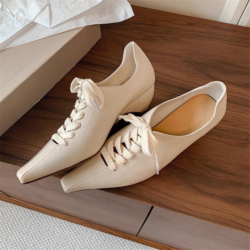 Fashion New Spring Genuine Leather Woman Shoes Pointed Toe Women Pumps Shoes for Women Chunky Heel Lace Loafers Fashion Gladiator Shoes